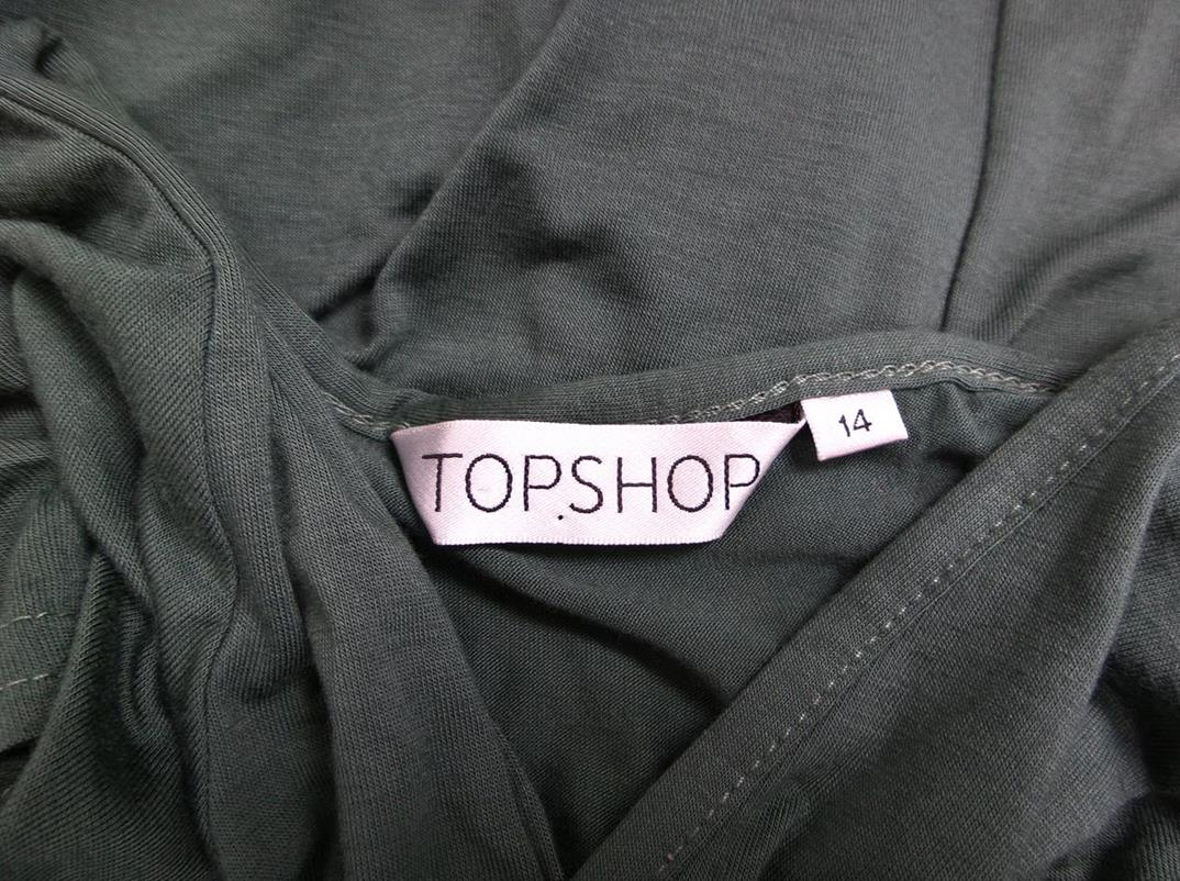 Topshop Rozmiar 14 ( 42 ) Kolor Zielony W serek Sukienka Zawijana Krótki rękaw Do Kolan Materiał Wiskoza