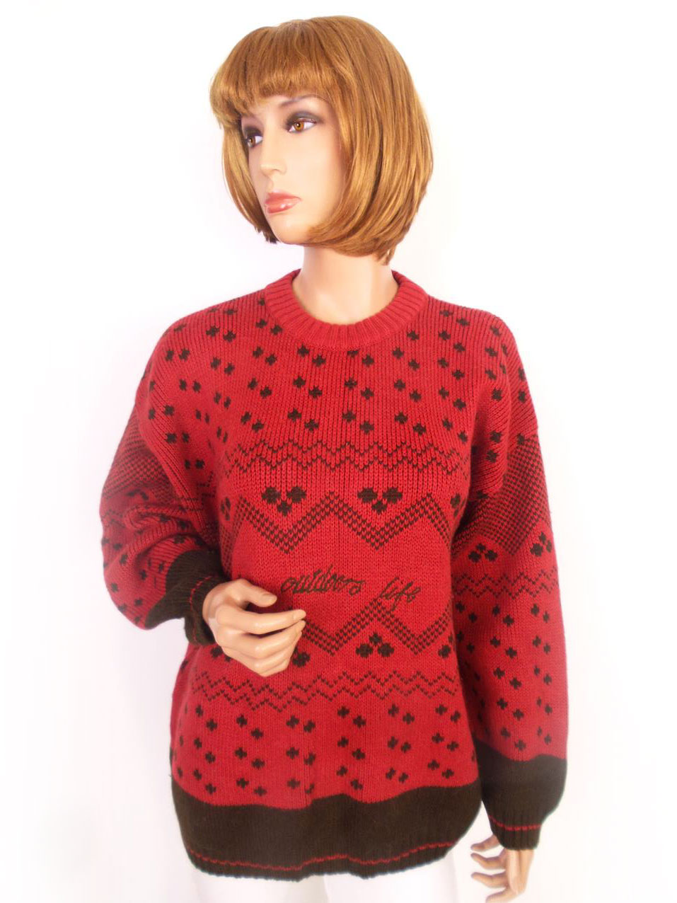 Stefanel Rozmiar XL Kolor Czerwony Geometryczny Crew Neck Sweter Świąteczny Gwiazdka Długi rękaw Gruba dzianina