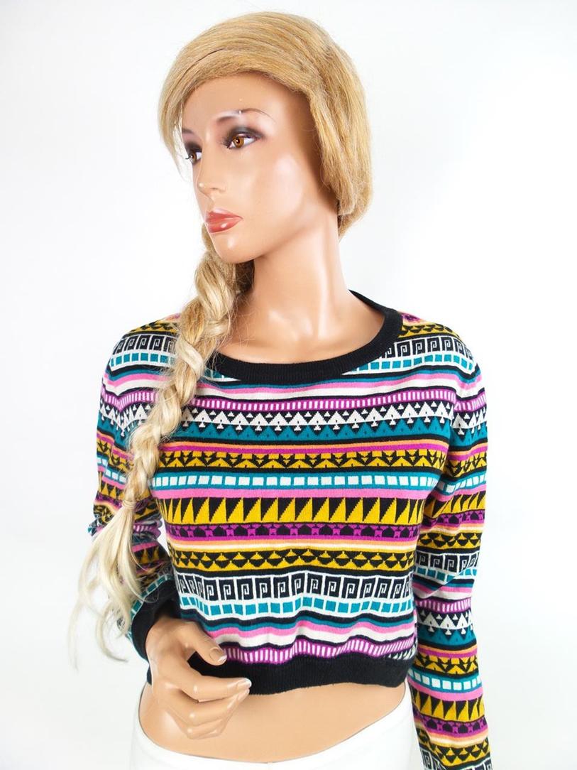 Divided Rozmiar 38 Fair Isle W łódkę Bluzka Crop Top Długi rękaw Materiał Bawełna