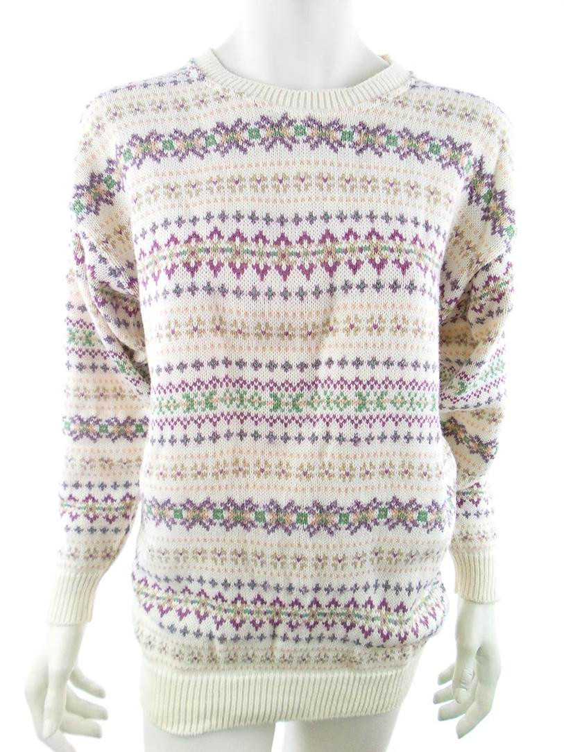 Vintage Rozmiar M Kolor Kremowy Fair Isle Crew Neck Długi Sweter Tunika Długi rękaw Materiał Akryl 100% Gruba dzianina