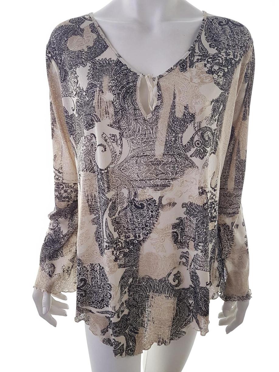 XLNT Rozmiar 46/48 Kolor Beżowy Paisley Keyhole Crew Neck Bluzka Długi rękaw