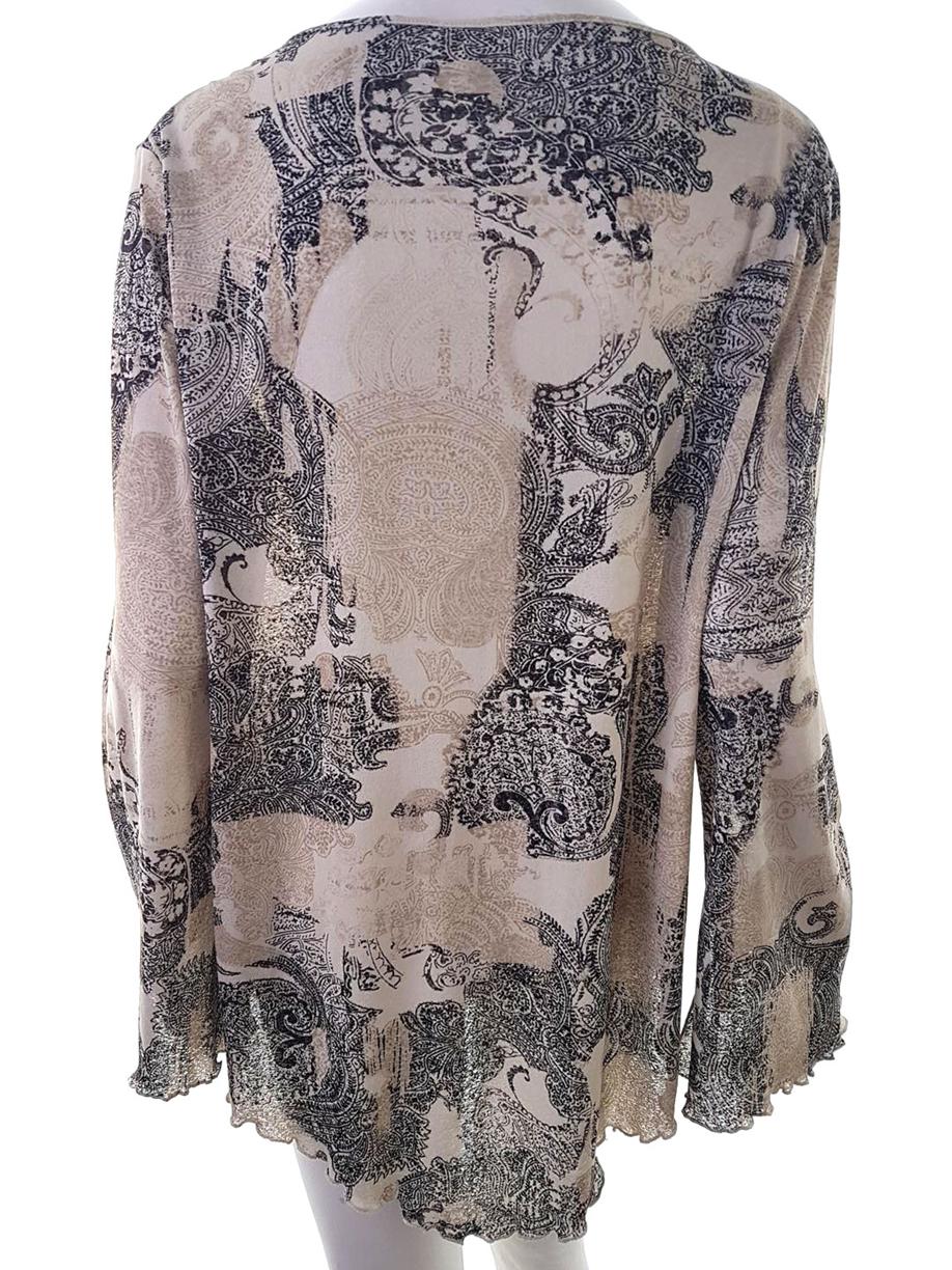 XLNT Rozmiar 46/48 Kolor Beżowy Paisley Keyhole Crew Neck Bluzka Długi rękaw