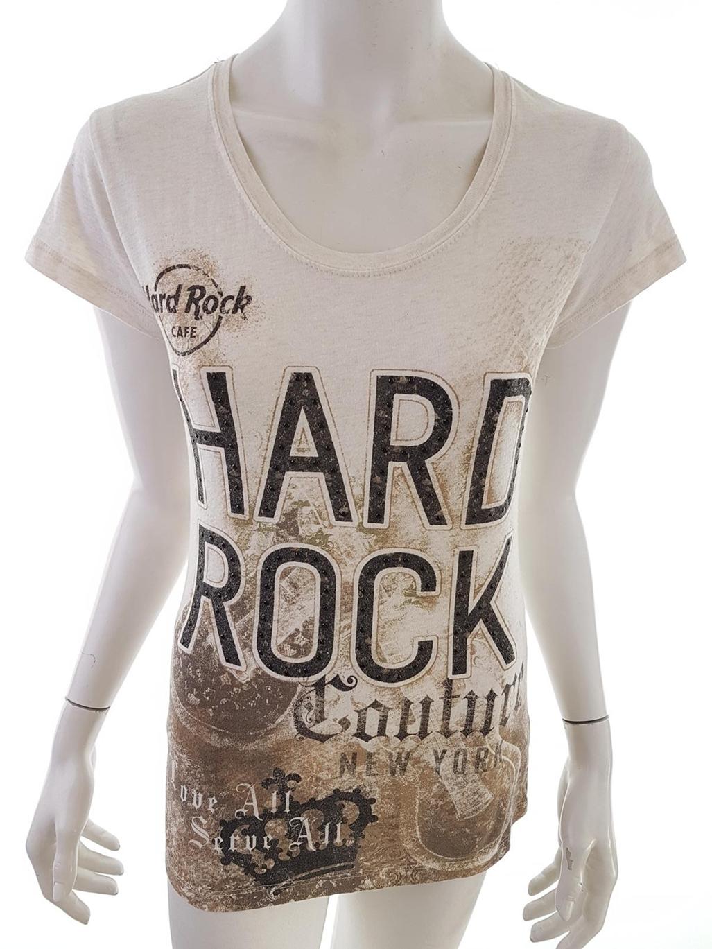 Hard Rock Cafe Rozmiar M Kolor Beżowy Okrągły dekolt T-Shirt Krótki rękaw Materiał Bawełna