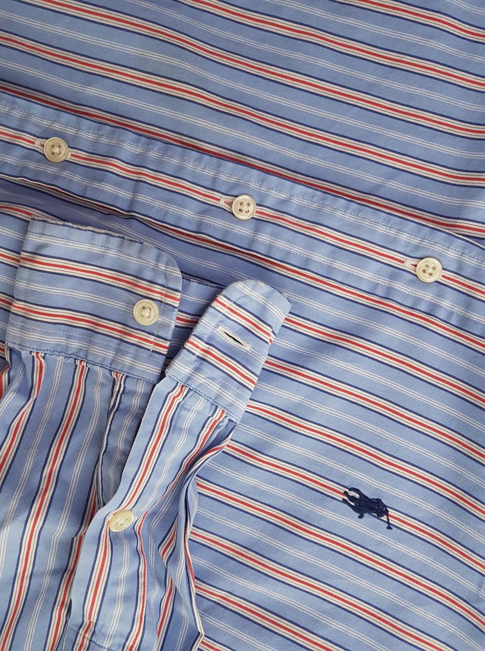 Polo Ralph Lauren Rozmiar M Kolor Niebieski Pasy Kołnierz Męska Koszula Casual Długi rękaw Materiał Bawełna 100%