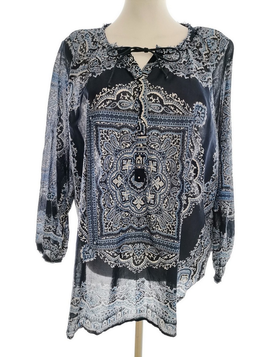 Carla F Rozmiar S Kolor Granatowy Damask Paisley Keyhole Crew Neck Bluzka Rękaw 3/4 Materiał Bawełna 100%