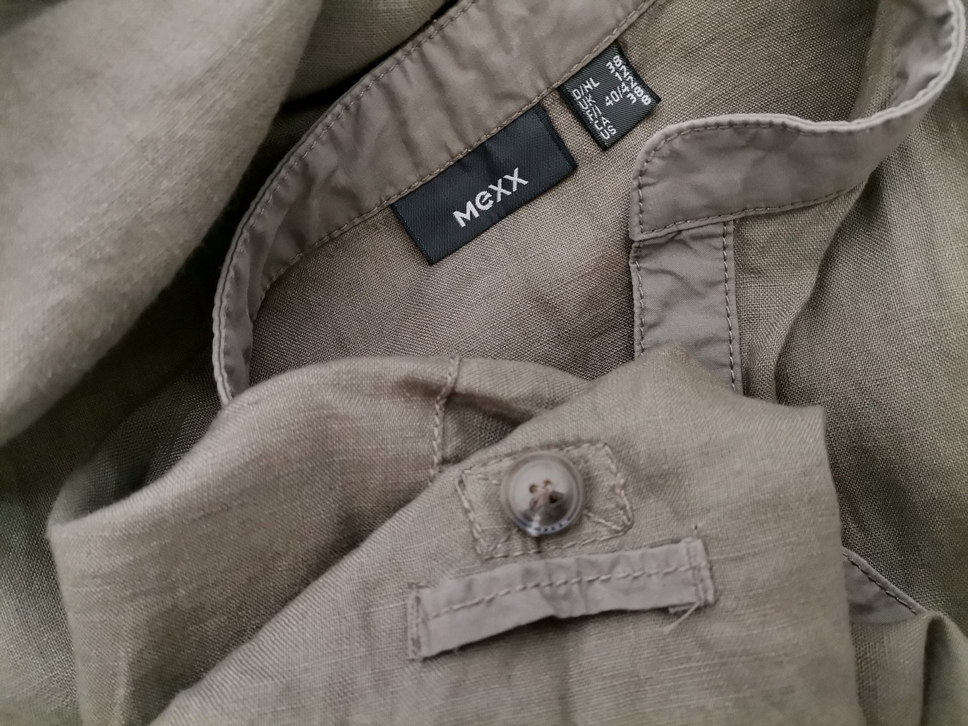 Mexx Rozmiar 38 Kolor Khaki Split Crew Neck Sukienka Koszulowa Krótki rękaw Midi Materiał Len 100%