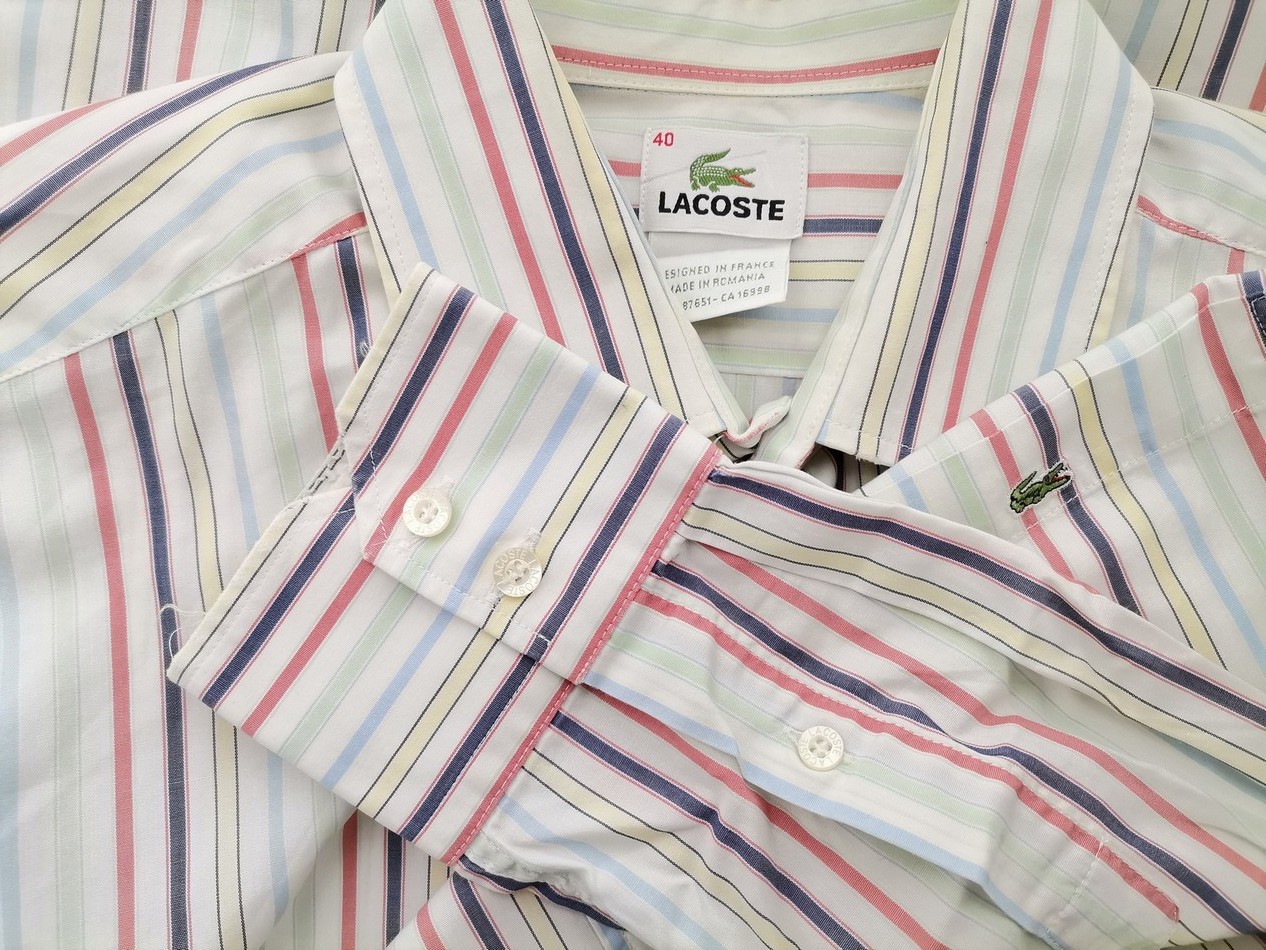 Lacoste Rozmiar 40 Kolor Kolorowa Pasy Kołnierz Męska Koszula Elegancka Długi rękaw Materiał Bawełna 100%