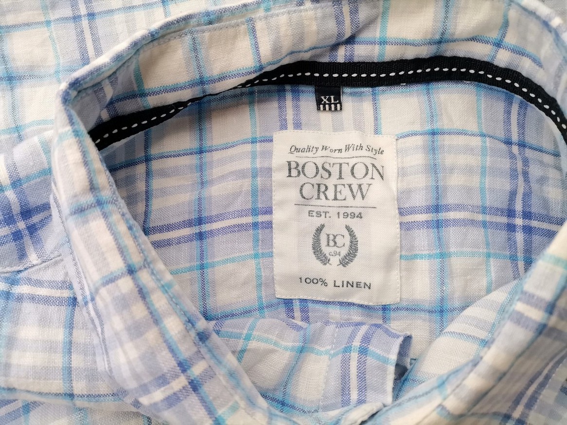 BOSTON CREW Rozmiar XL Kolor Niebieski Krata Kołnierz Męska Koszula Casual Krótki rękaw Materiał Len 100%