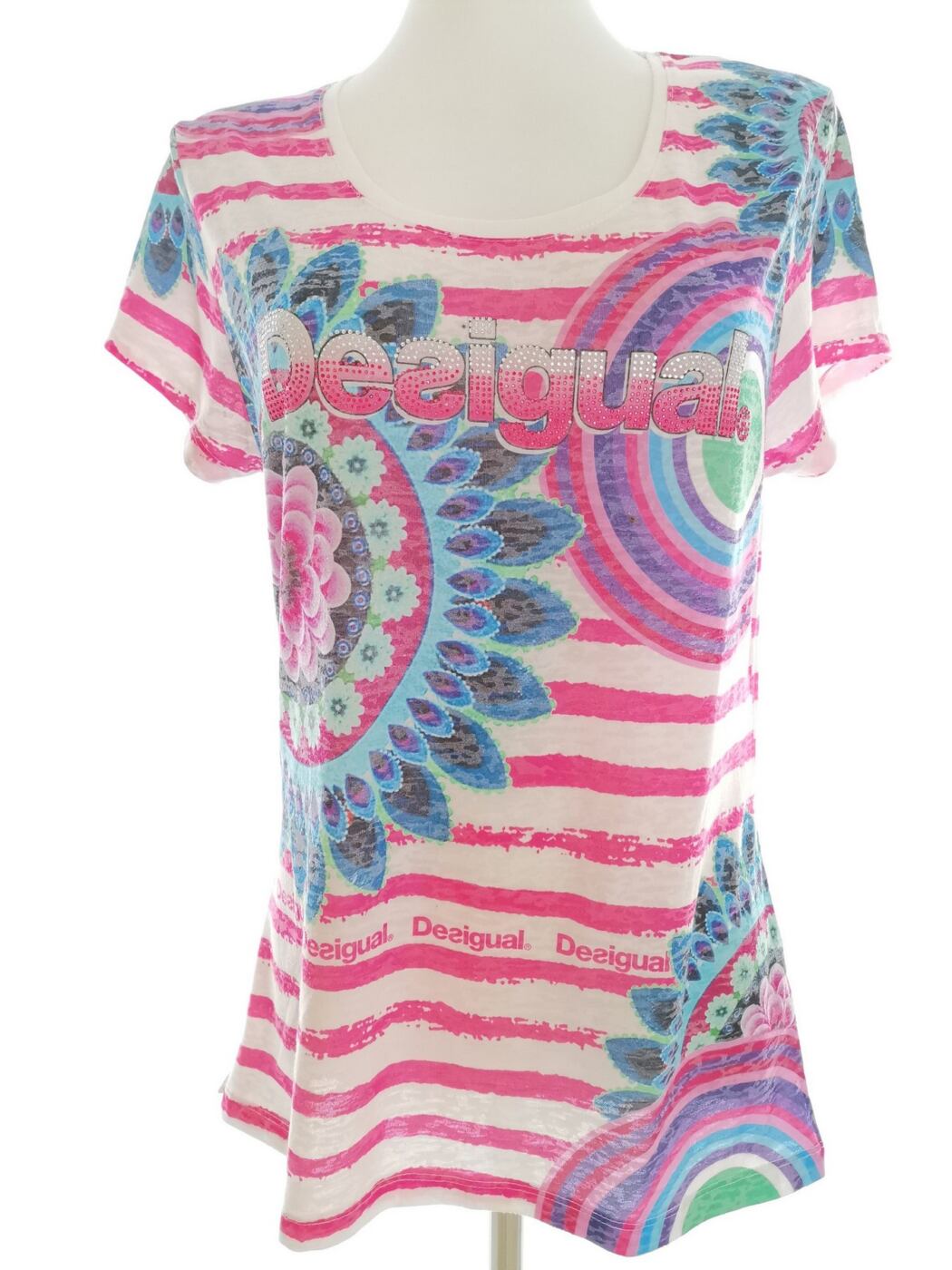 DESIGUAL Rozmiar XXL (38-40) Kolor Kolorowa Pasy Okrągły dekolt Bluzka Krótki rękaw Materiał Bawełna