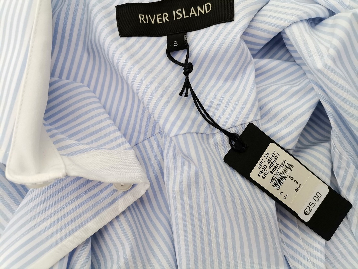 River island Rozmiar S Kolor Niebieski Pasy Kołnierz Męska Koszula Casual Długi rękaw Materiał Bawełna