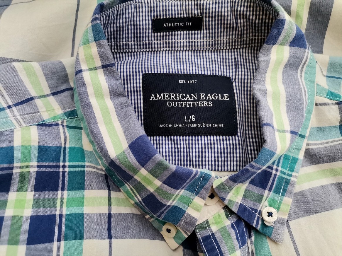 American Eagle Rozmiar L Kolor Granatowy Krata Kołnierz Męska Koszula Casual Długi rękaw Materiał Bawełna 100%