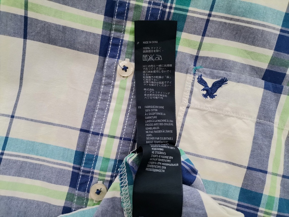 American Eagle Rozmiar L Kolor Granatowy Krata Kołnierz Męska Koszula Casual Długi rękaw Materiał Bawełna 100%