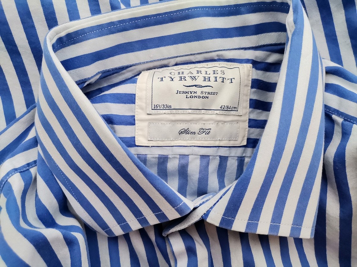 Charles Tyrwhitt Rozmiar 16.5 (42) Kolor Niebieski Pasy Kołnierz Męska Koszula Elegancka Długi rękaw Materiał Bawełna 100%