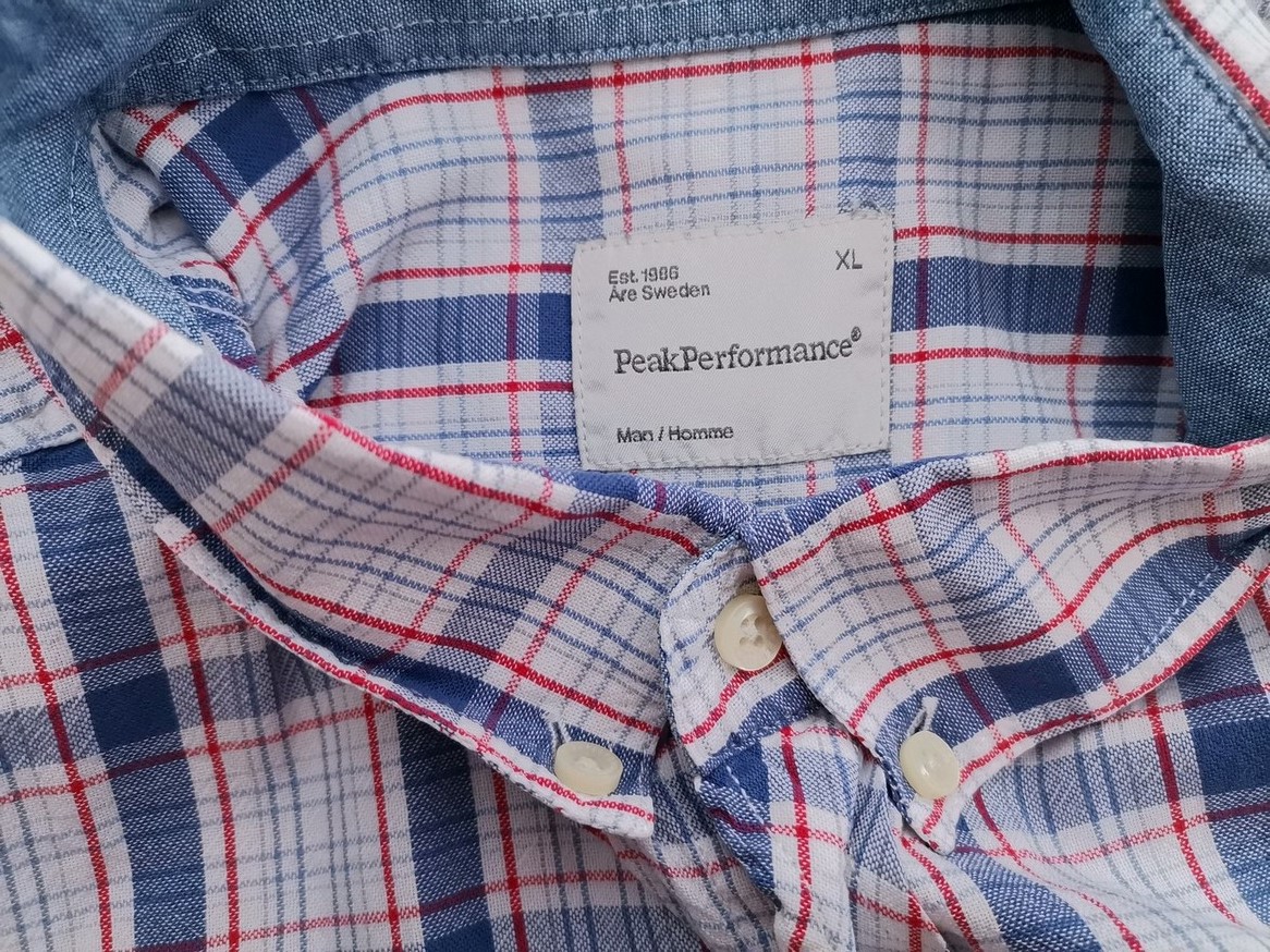 Peak performance Rozmiar XL Kolor Niebieski Krata Kołnierz Męska Koszula Casual Krótki rękaw Materiał Bawełna 100%