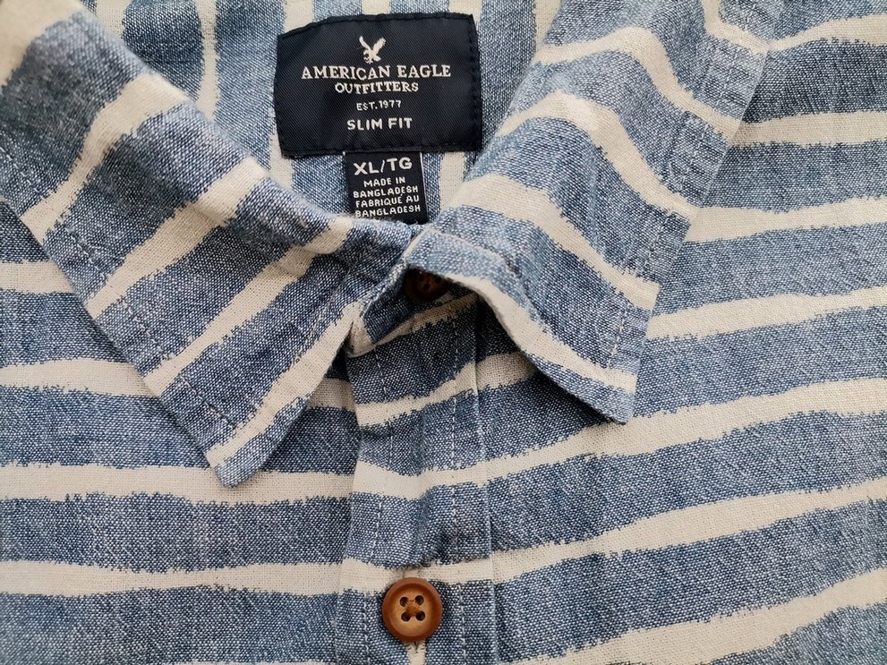 American Eagle Rozmiar XL Kolor Niebieski Pasy Kołnierz Męska Koszula Casual Krótki rękaw Materiał Bawełna 100%