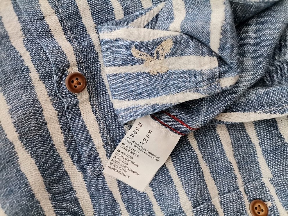 American Eagle Rozmiar XL Kolor Niebieski Pasy Kołnierz Męska Koszula Casual Krótki rękaw Materiał Bawełna 100%