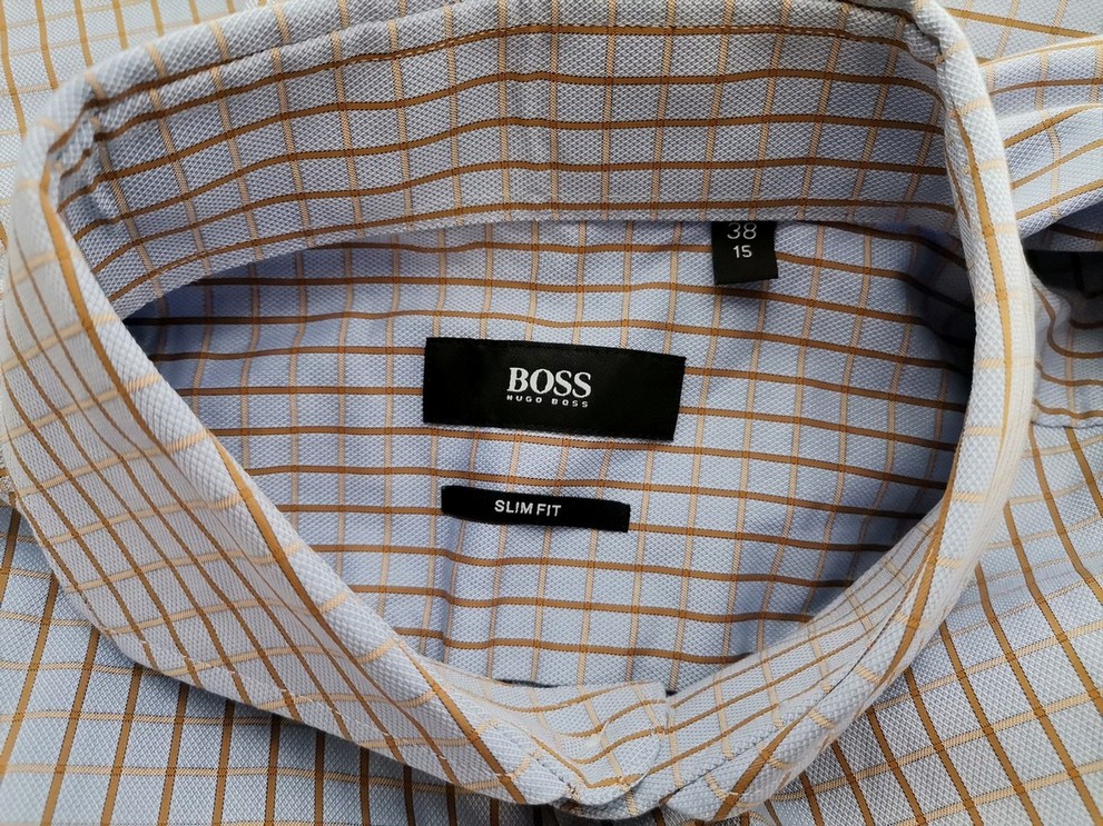 Hugo Boss Rozmiar 15 (38) Kolor Niebieski Krata Kołnierz Męska Koszula Elegancka Długi rękaw Materiał Bawełna 100%