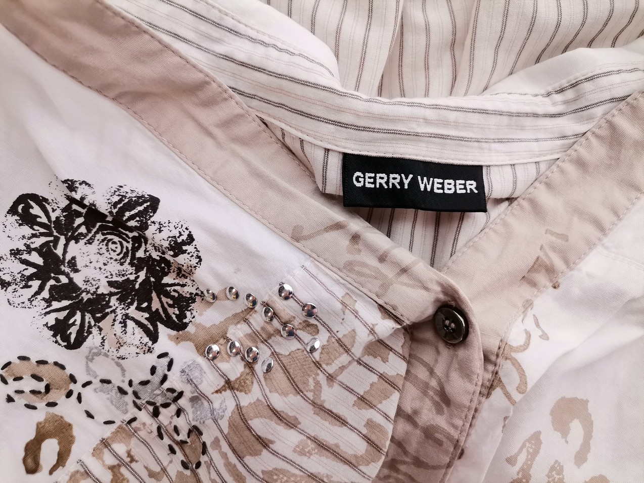 Gerry weber Rozmiar 42 Kolor Beżowy Pasy Kołnierz Bluzka Zapinana Krótki rękaw Materiał Bawełna