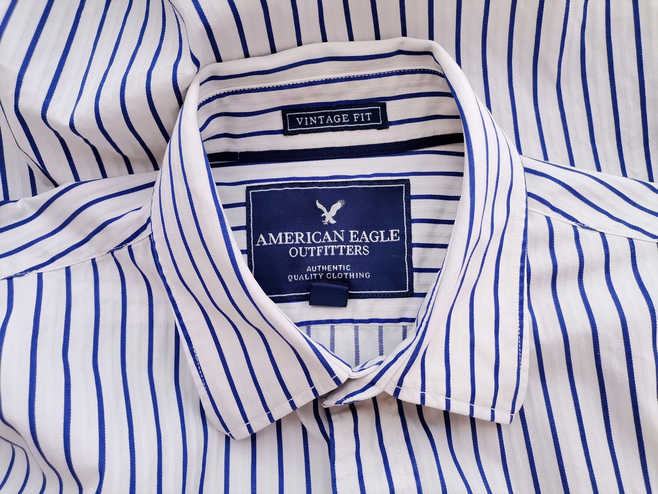 American Eagle Rozmiar L Kolor Granatowy Pasy Kołnierz Męska Koszula Casual Długi rękaw Materiał Bawełna 100%