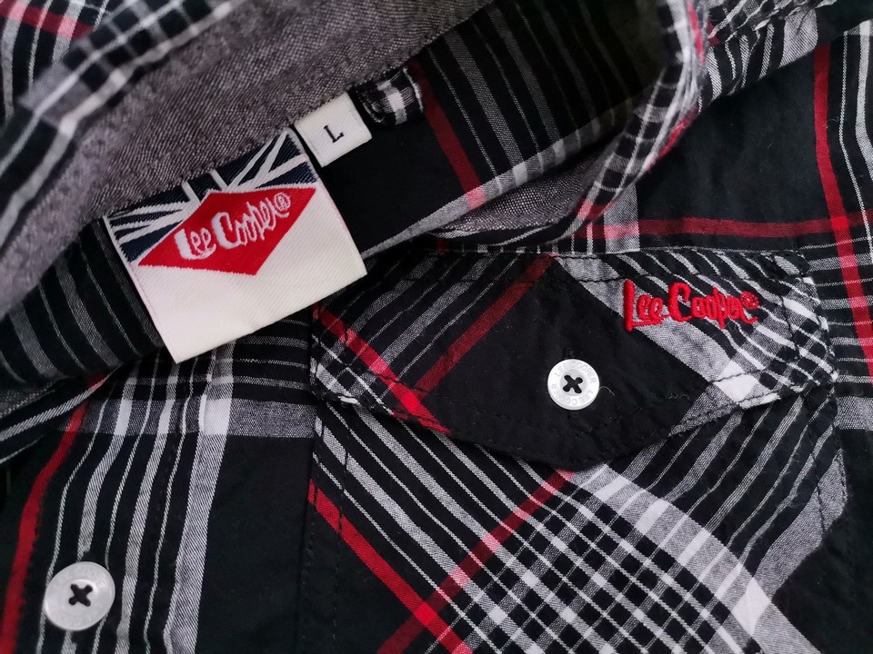 Lee Cooper Rozmiar L Kolor Czarny Krata Kołnierz Męska Koszula Casual Krótki rękaw Materiał Bawełna 100%