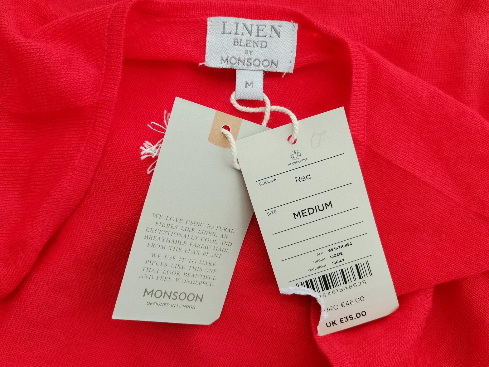 Linen Blend by Monsoon Rozmiar M Kolor Czerwony W serek Kardigan Wiązany Długi rękaw Materiał Akryl Cienka dzianina