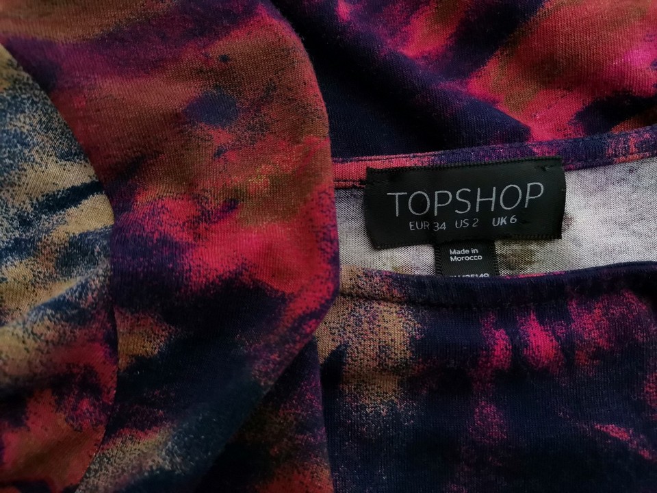 Topshop Rozmiar 6 (34) Kolor Purpurowy W łódkę Sukienka Bodycon Długi rękaw Do Kolan Materiał Wiskoza