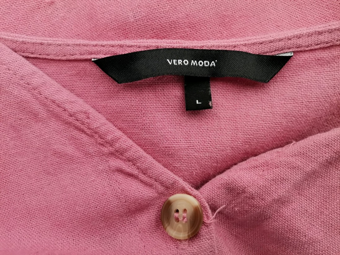 Vero moda Rozmiar L Kolor Różowy W serek Sukienka Koszulowa Krótki rękaw Do Kolan Materiał Len