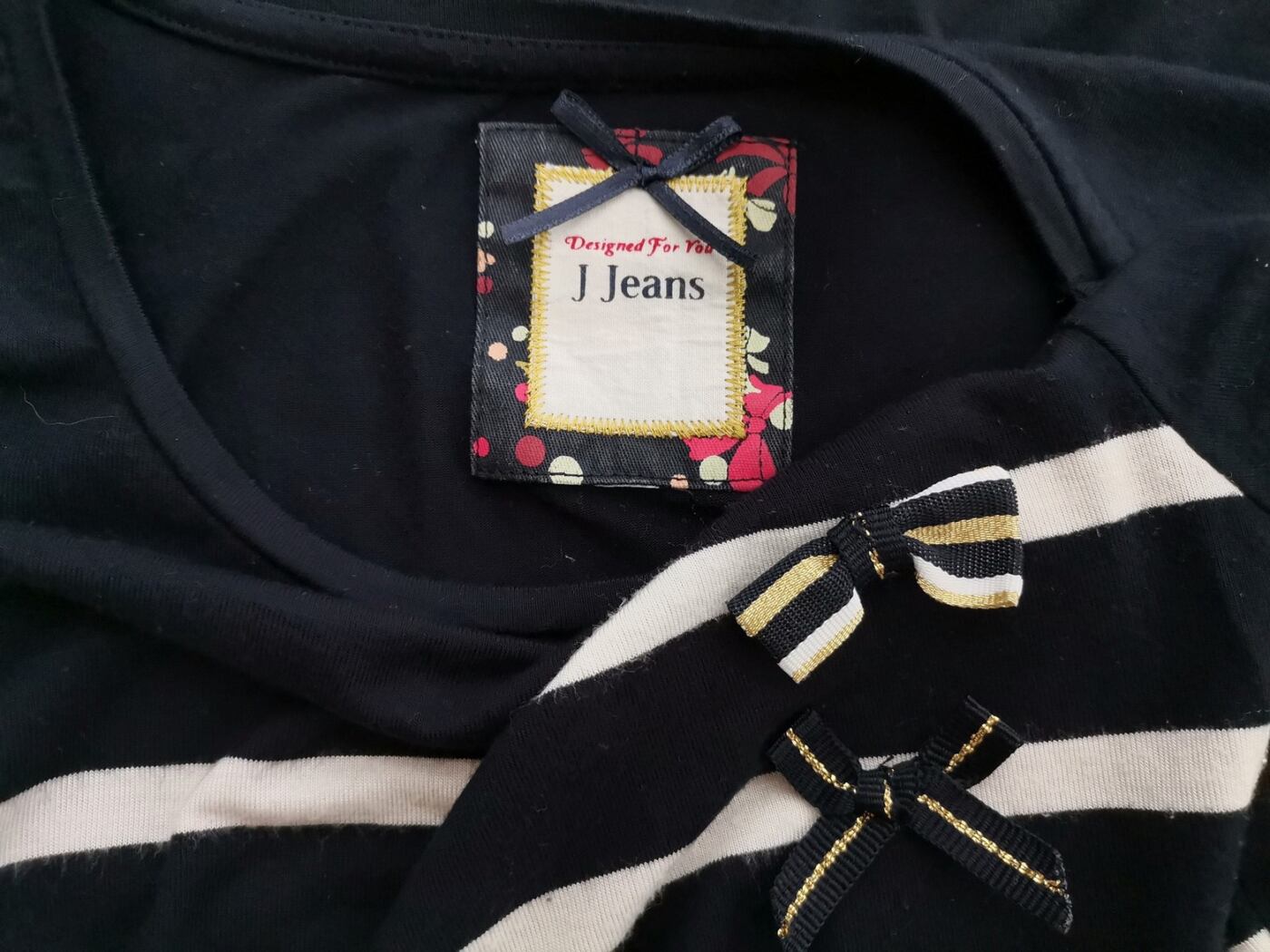 J Jeans Rozmiar 38/40 Kolor Granatowy Pasy Okrągły dekolt Bluzka Rękaw 3/4