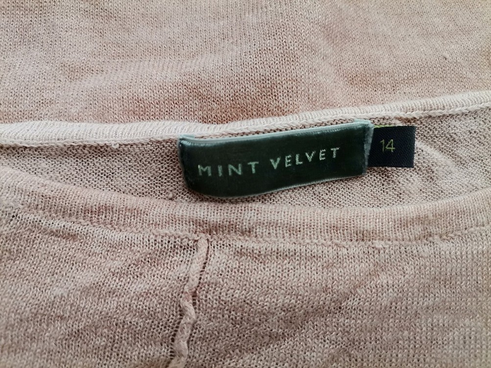 Mint Velvet Rozmiar 14 (42) Kolor Pudrowy Róż Okrągły dekolt Bluzka Krótki rękaw Materiał Len 100%