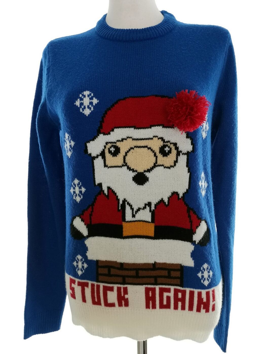 Merry Christmas Rozmiar 38/40 Kolor Niebieski Crew Neck Sweter Świąteczny Gwiazdka Długi rękaw Materiał Akryl 100% Cienka dzianina