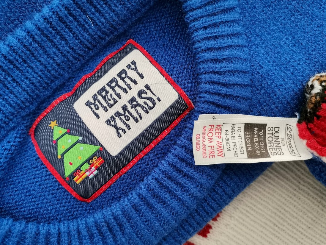 Merry Christmas Rozmiar 38/40 Kolor Niebieski Crew Neck Sweter Świąteczny Gwiazdka Długi rękaw Materiał Akryl 100% Cienka dzianina