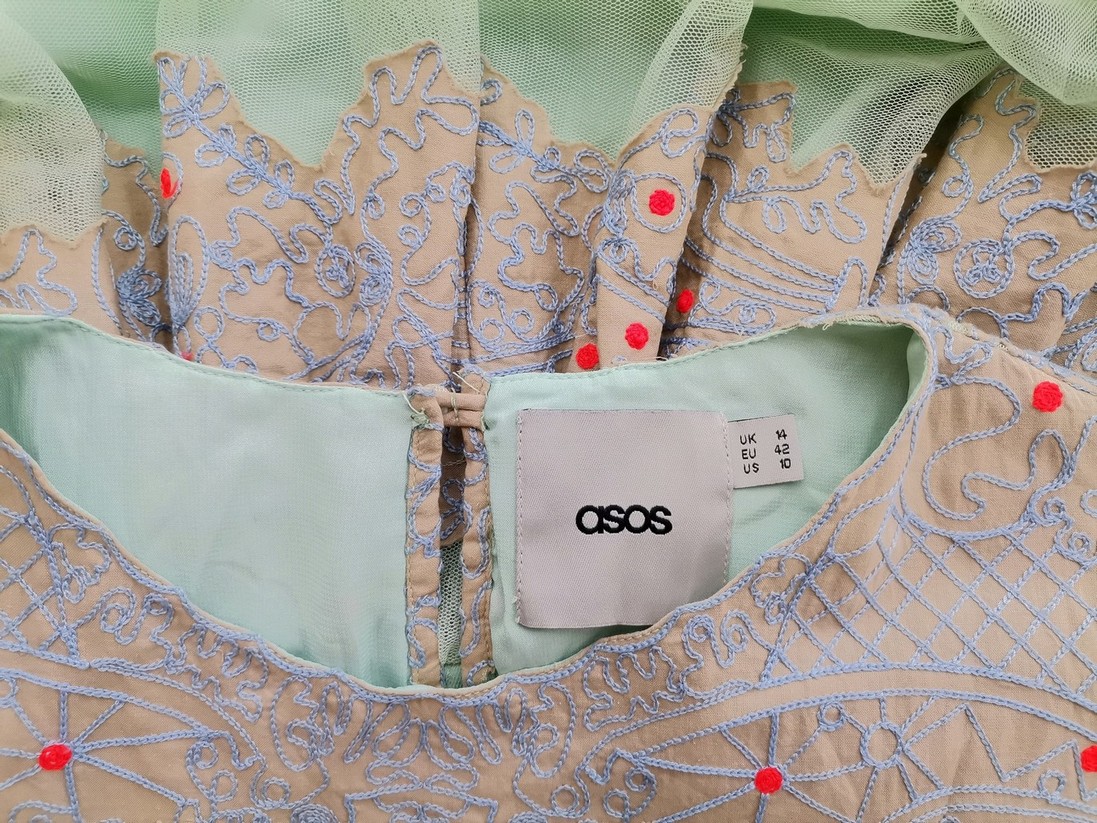 ASOS Rozmiar 14 (42) Kolor Miętowy Okrągły dekolt Sukienka A-Line Krótki rękaw Do Kolan