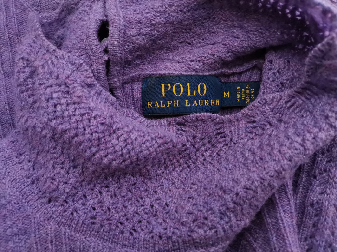 Polo Ralph Lauren Rozmiar M Kolor Fioletowy Pół golf Sweter Długi rękaw Materiał Wełna Merino Otwarta dzianina