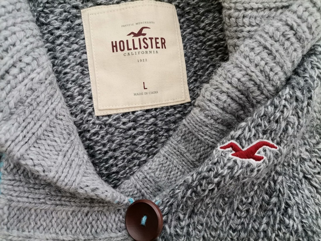 Hollister Rozmiar L Kolor Szary Kołnierz Kardigan Zapinany Długi rękaw Materiał Wełna Gruba dzianina