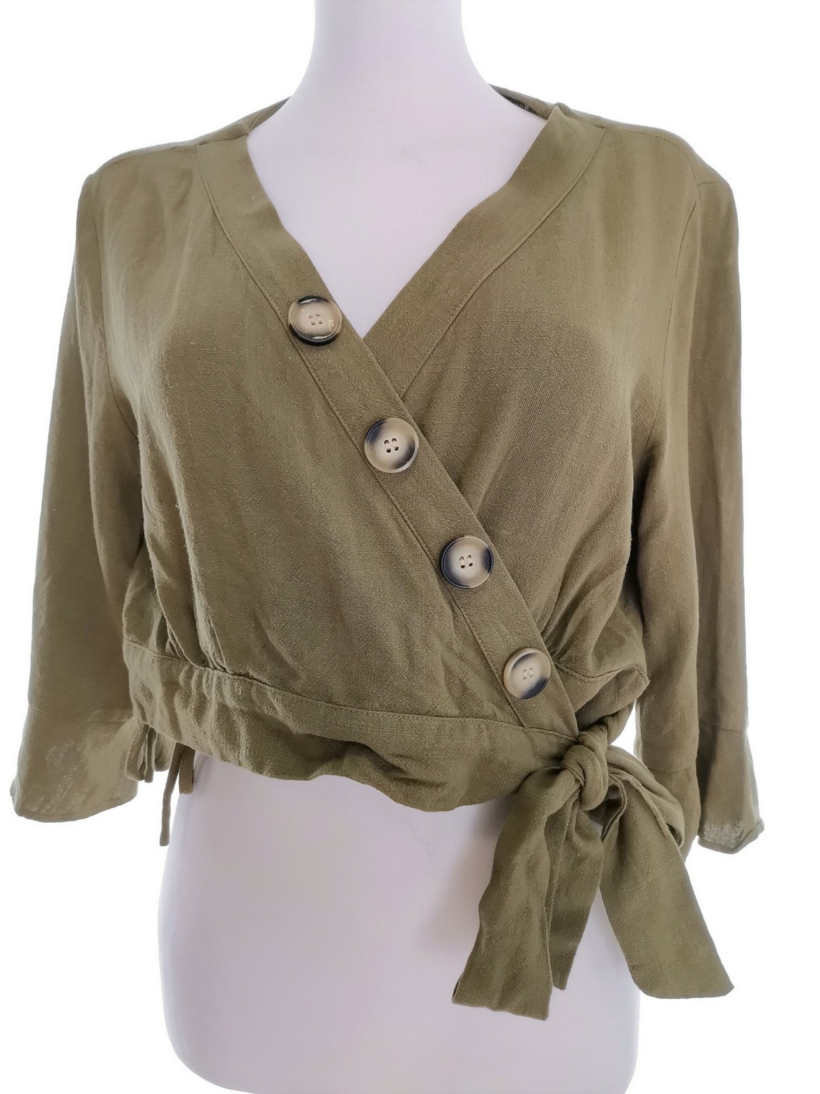 INSHOP Rozmiar 10 (38) Kolor Khaki W serek Kardigan Zapinany Rękaw 3/4 Cienka dzianina