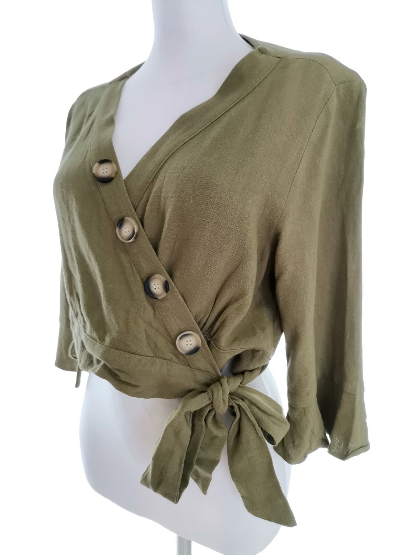 INSHOP Rozmiar 10 (38) Kolor Khaki W serek Kardigan Zapinany Rękaw 3/4 Cienka dzianina