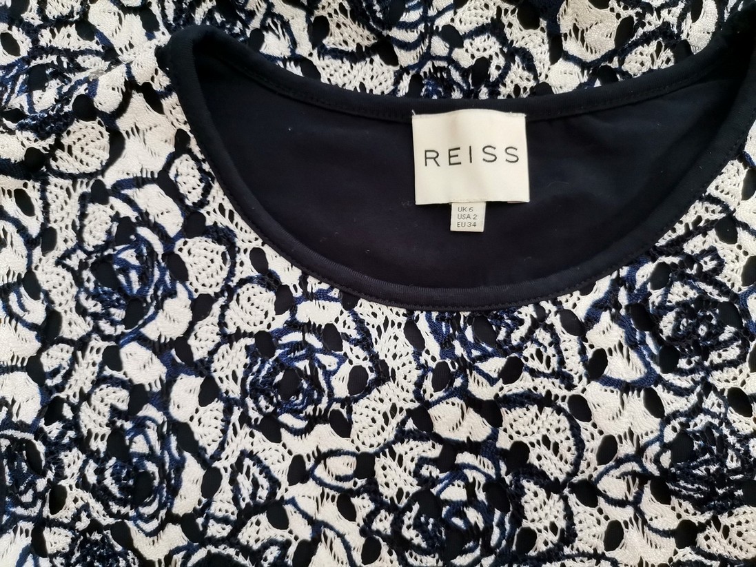 Reiss Rozmiar 6 (34) Kolor Granatowy Crew Neck Sukienka Ołówkowa Krótki rękaw Midi