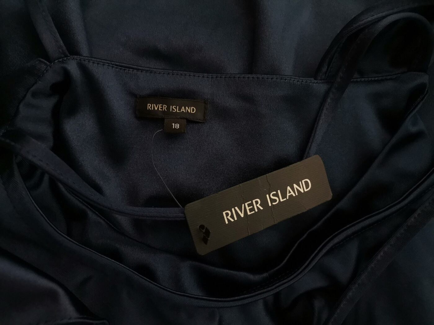 River island Rozmiar 18 (44) Kolor Granatowy Odkryte Ramiona Sukienka Prostokątna Krótki rękaw Midi