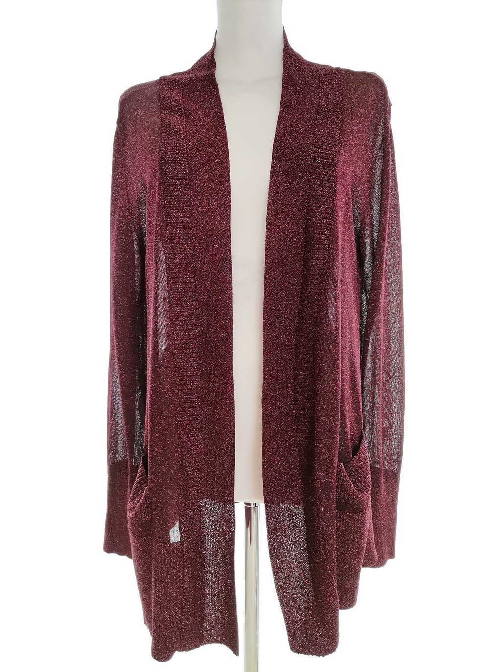 Signature Rozmiar L (46) Kolor Purpurowy W serek Długi Otwarty Kardigan Długi rękaw Materiał Rayon Cienka dzianina