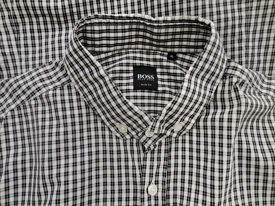 Hugo Boss Rozmiar XL Kolor Czarny Krata Kołnierz Męska Koszula Casual Długi rękaw Materiał Bawełna 100%