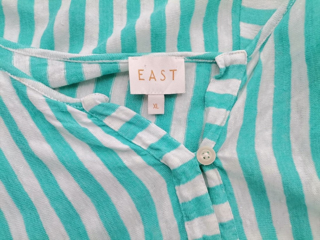 East Rozmiar XL Kolor Niebieski Pasy Split Crew Neck Tunika Popover Bluzka Krótki rękaw Materiał Len 100%