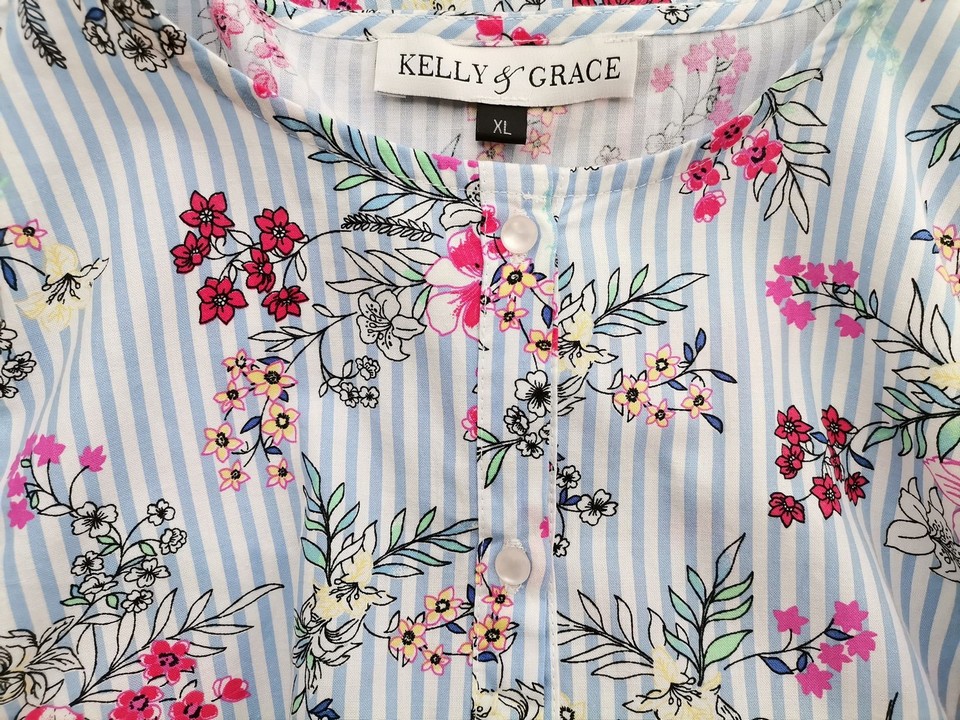 KELLY GRACE Rozmiar XL Kolor Niebieski Pasy Crew Neck Bluzka Zapinana Bezrękawnik Materiał Bawełna 100%