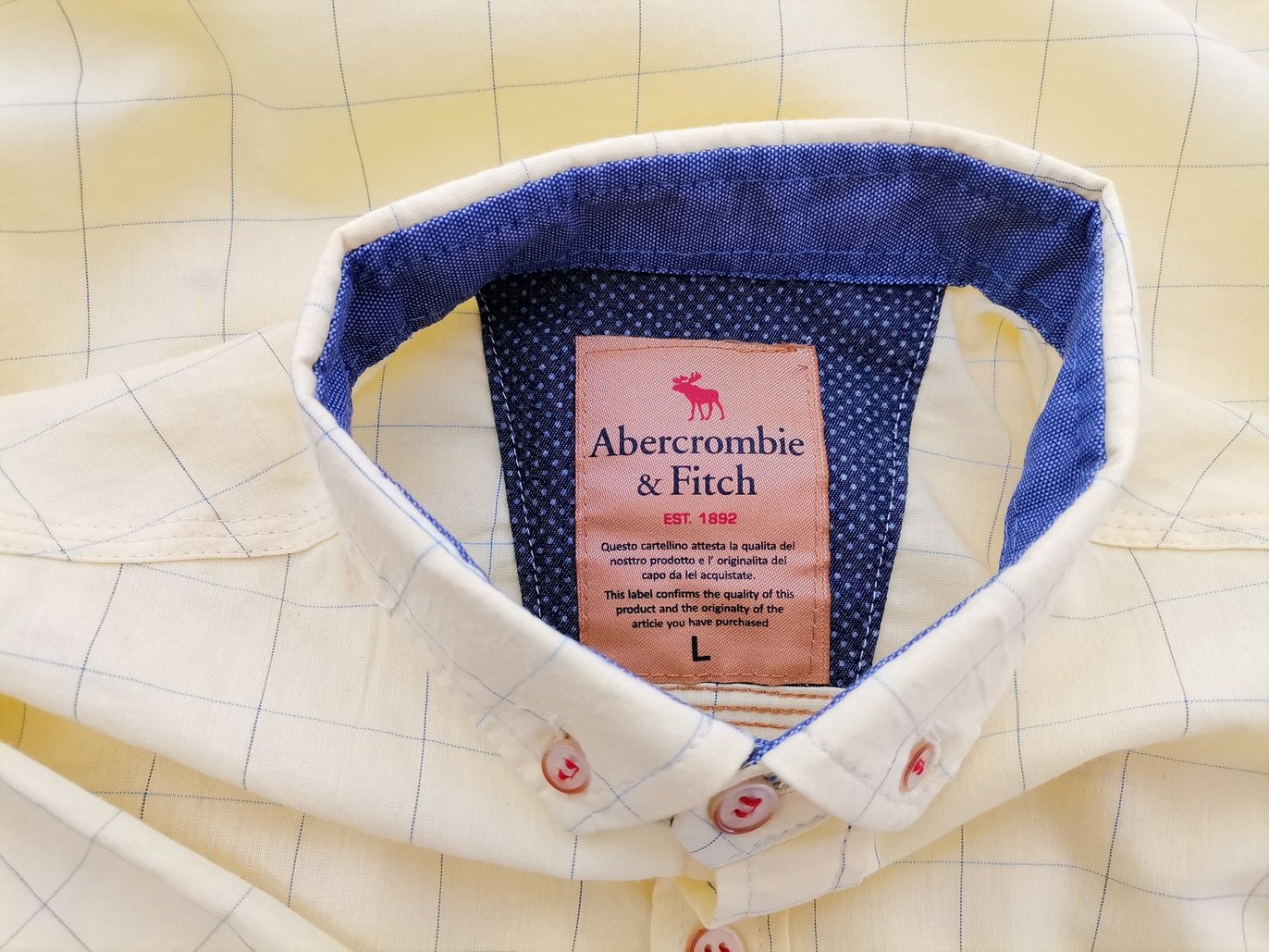 ABERCROMBIE & FITCH Rozmiar L Kolor Żółty Krata Kołnierz Męska Koszula Casual Krótki rękaw