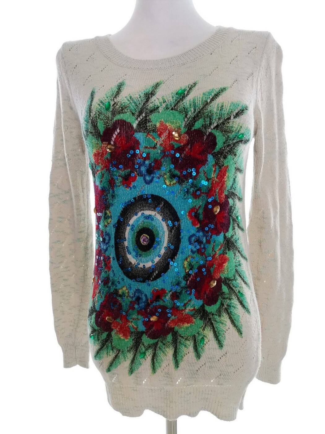 DESIGUAL Rozmiar M Kolor Kremowy Crew Neck Długi Sweter Tunika Długi rękaw Cienka dzianina