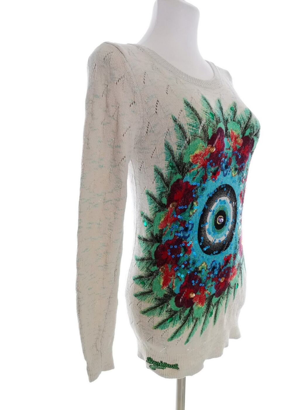 DESIGUAL Rozmiar M Kolor Kremowy Crew Neck Długi Sweter Tunika Długi rękaw Cienka dzianina