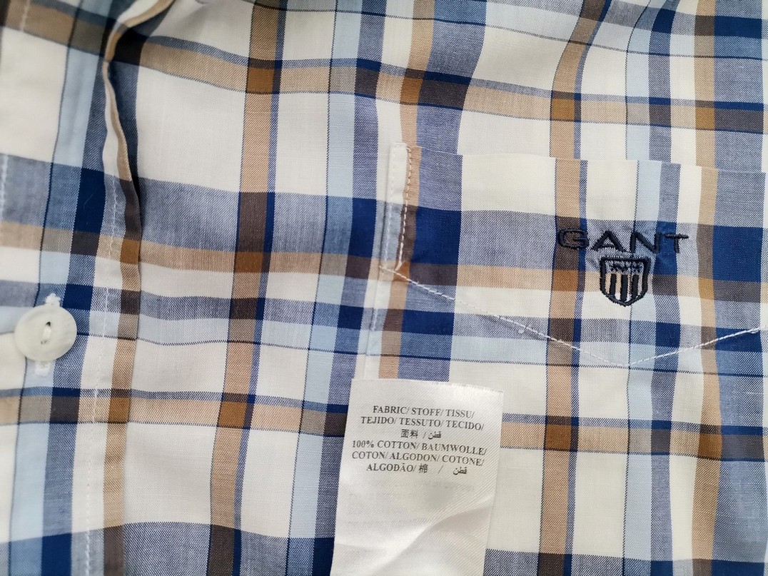 Gant Rozmiar 2XL Kolor Niebieski Krata Kołnierz Męska Koszula Casual Krótki rękaw Materiał Bawełna 100%