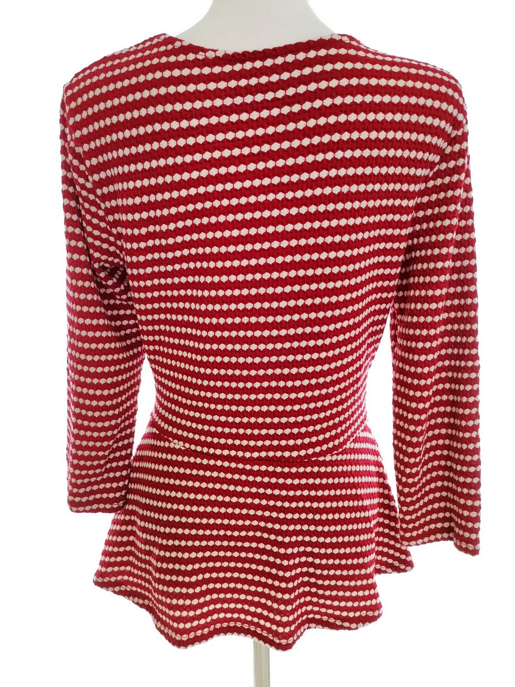 Savida Rozmiar 40 Kolor Czerwony Fair Isle Crew Neck Bluzka Peplum Rękaw 3/4