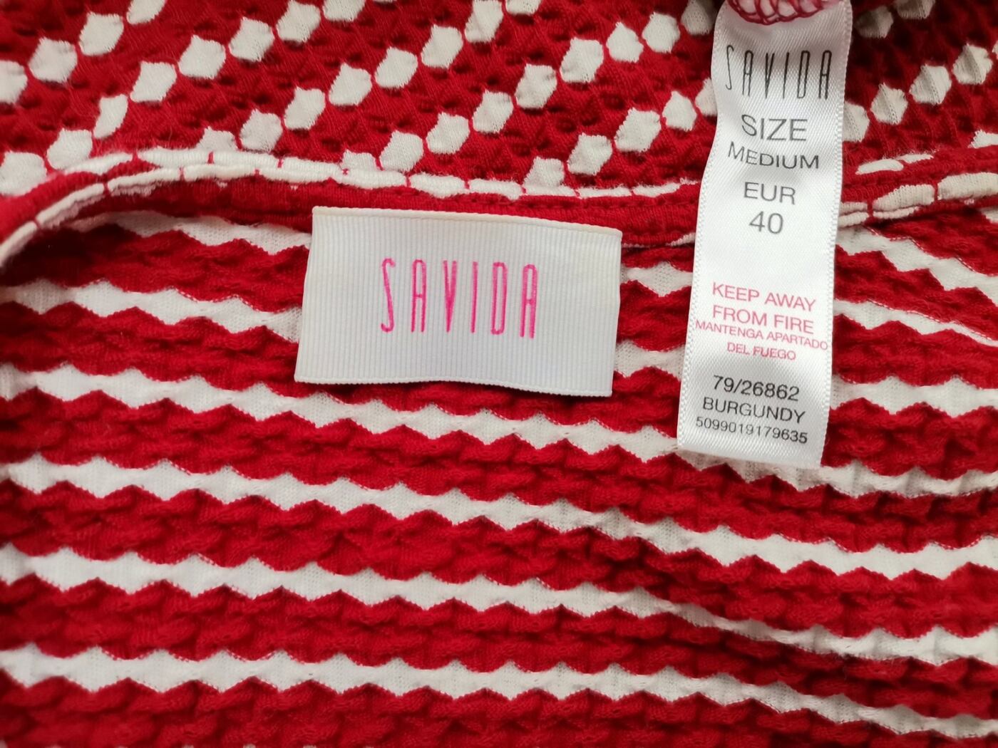 Savida Rozmiar 40 Kolor Czerwony Fair Isle Crew Neck Bluzka Peplum Rękaw 3/4