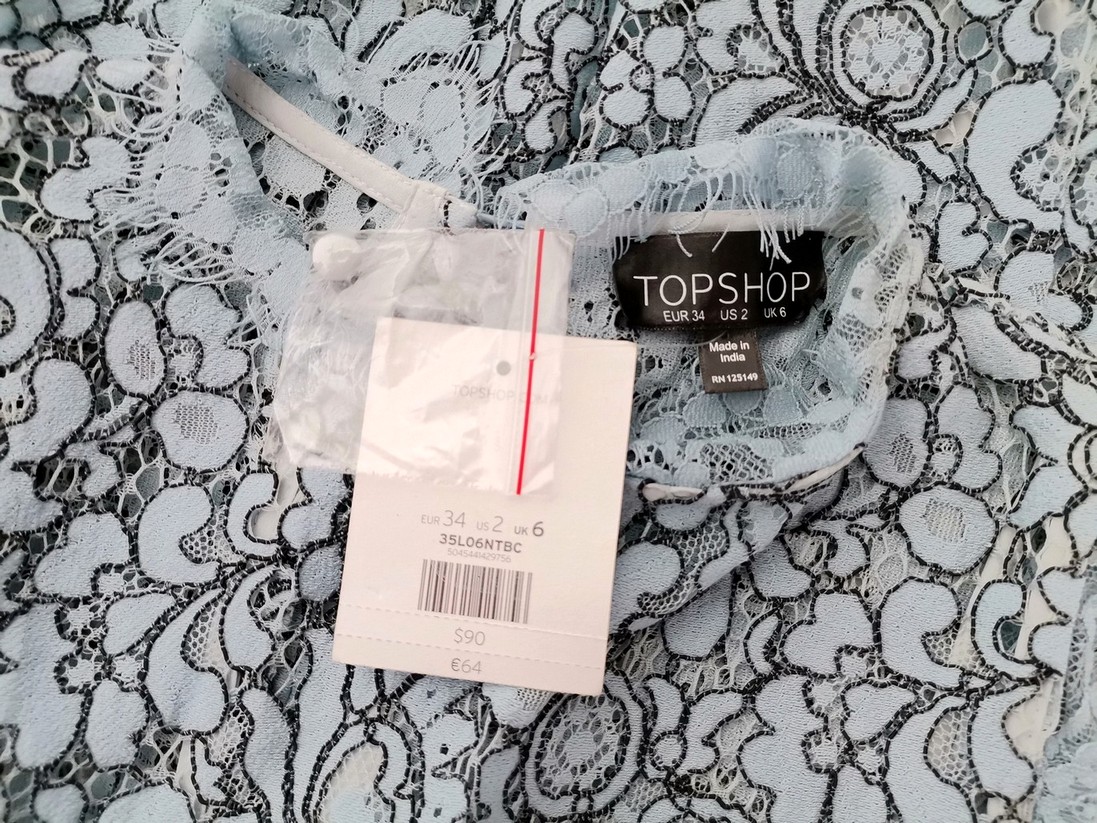 Topshop Rozmiar 34 Kolor Niebieski Floral Abstrakt Pół golf Tunika Bluzka Krótki rękaw Materiał Bawełna