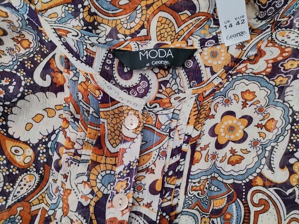 Moda at George Rozmiar 14 (42) Kolor Beżowy Paisley W serek Tunika Zapinana Bluzka Rękaw 3/4